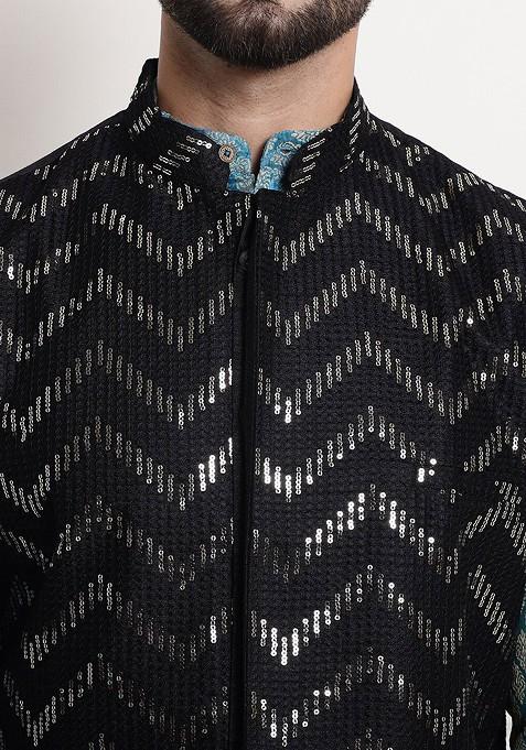 Blue Ethnic Motifs Cotton Kurta Set For Men