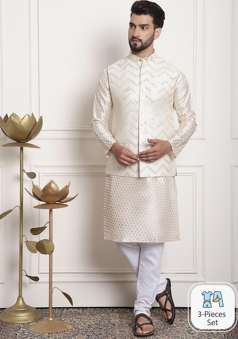 Cream Ethnic Motifs Poly Blend Kurta Set For Men