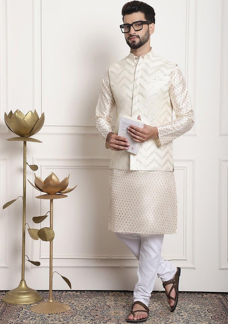 Cream Ethnic Motifs Poly Blend Kurta Set For Men
