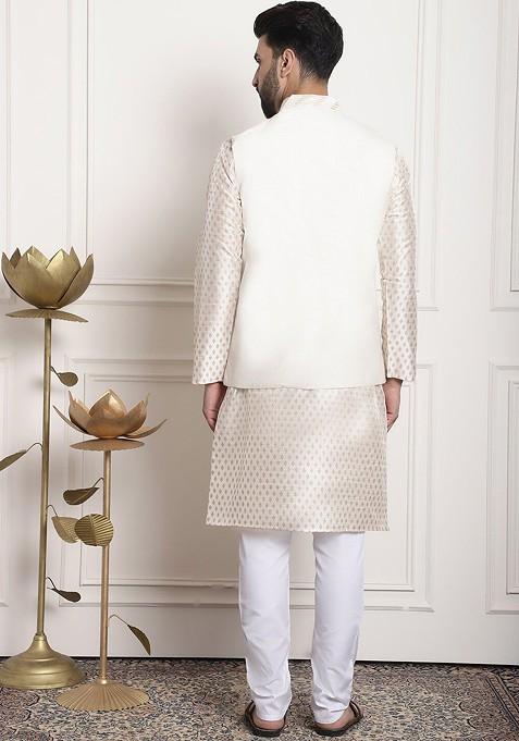 Cream Ethnic Motifs Poly Blend Kurta Set For Men