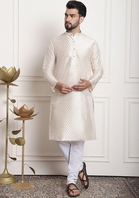 Cream Ethnic Motifs Poly Blend Kurta Set For Men