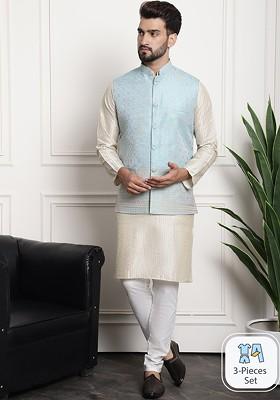 Cream Striped Poly Blend Kurta Set For Men