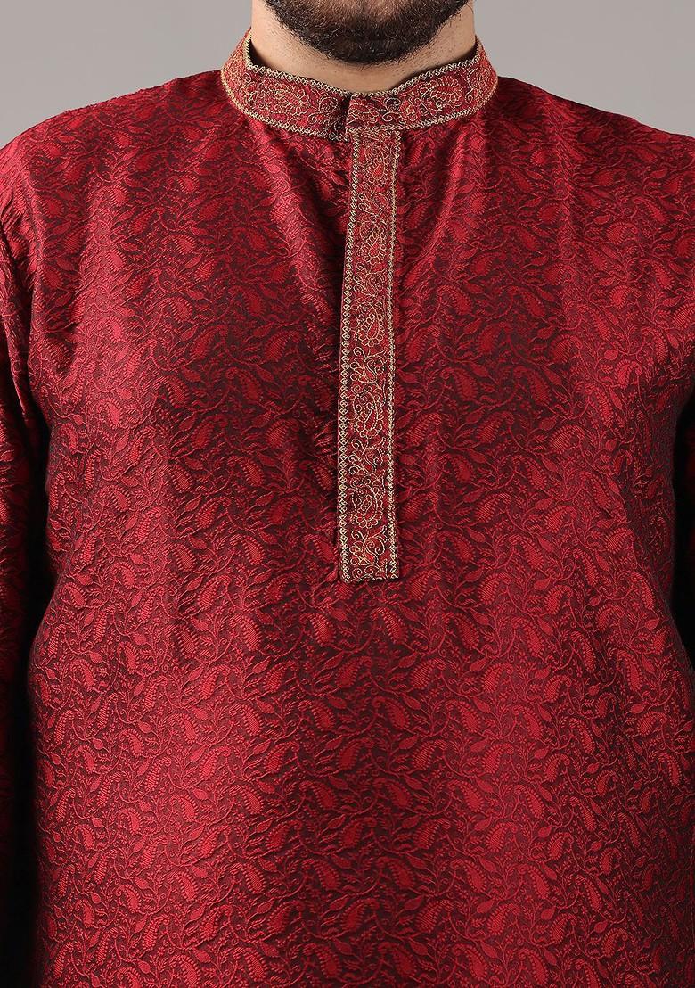 Maroon Woven Poly Blend Kurta Set For Men