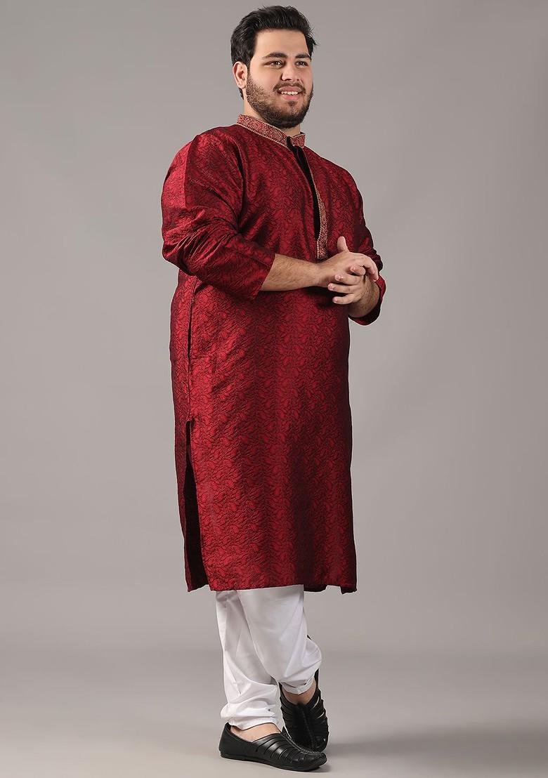Maroon Woven Poly Blend Kurta Set For Men