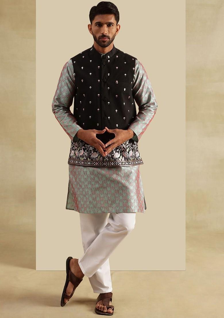 Green Woven Jacquard Kurta Set For Men