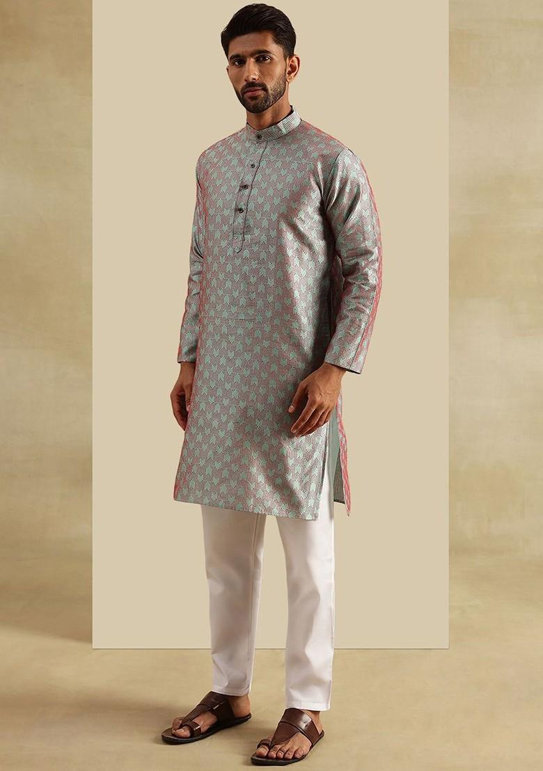 Green Woven Jacquard Kurta Set For Men