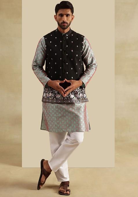 Green Woven Jacquard Kurta Set For Men