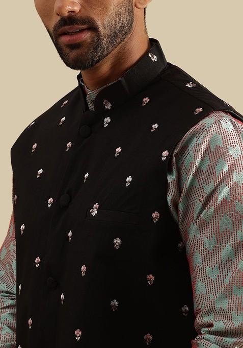 Green Woven Jacquard Kurta Set For Men