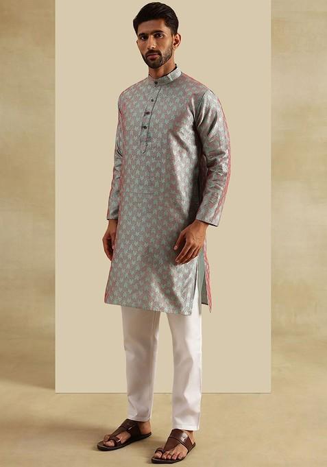 Green Woven Jacquard Kurta Set For Men