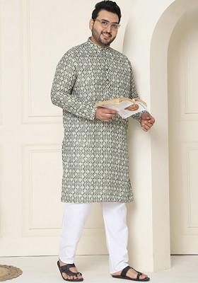 Olive Printed Cotton Kurta Set For Men