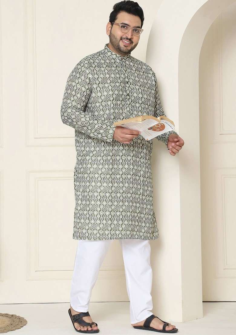 Olive Printed Cotton Kurta Set For Men - Indya