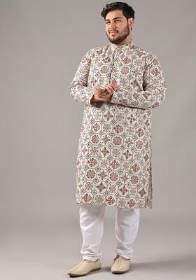 Cream Ethnic Motifs Cotton Kurta Set For Men
