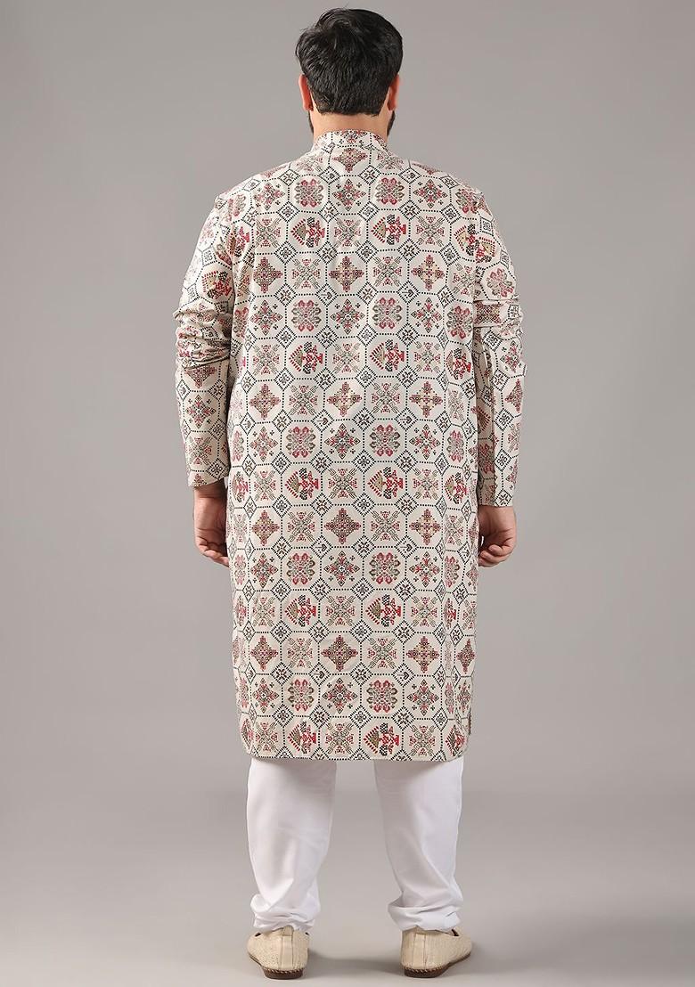 Cream Ethnic Motifs Cotton Kurta Set For Men