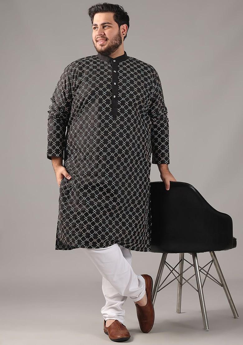 Black Embroidered Cotton Kurta Set For Men