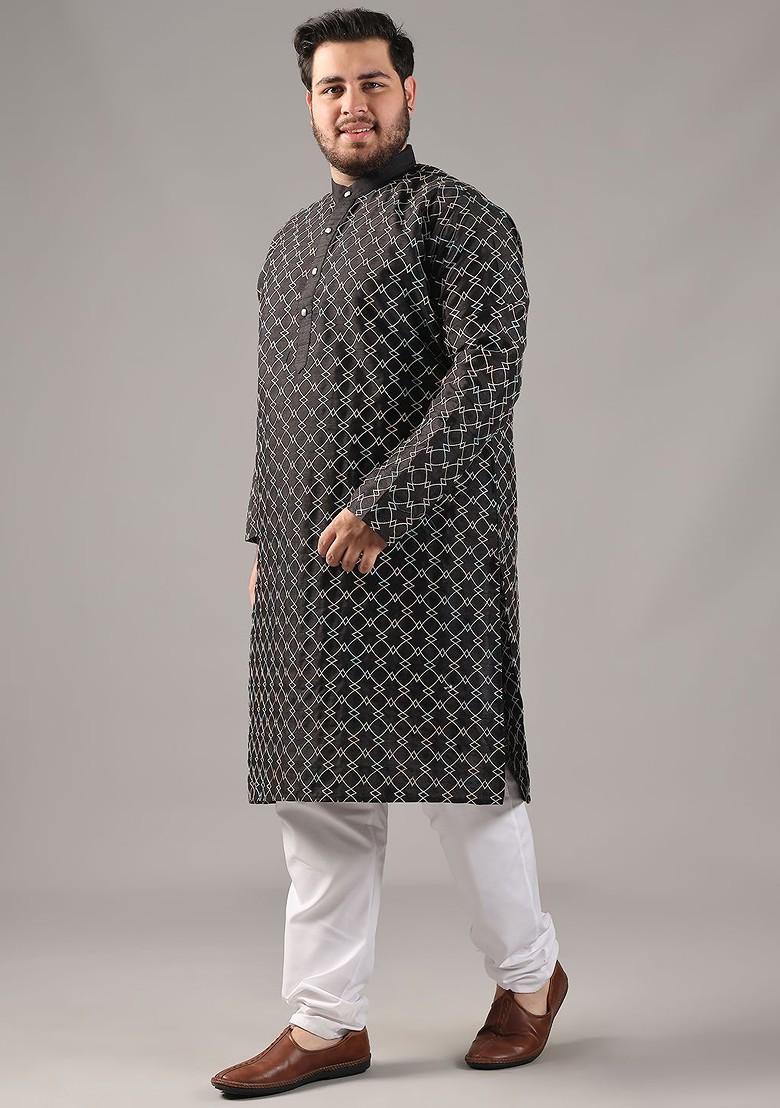 Black Embroidered Cotton Kurta Set For Men