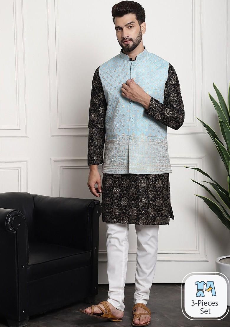 Black Printed Poly Blend Kurta Set For Men