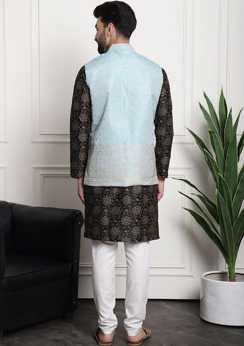 Black Printed Poly Blend Kurta Set For Men