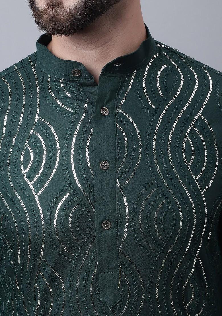 Green Embroidered Cotton Kurta Set For Men