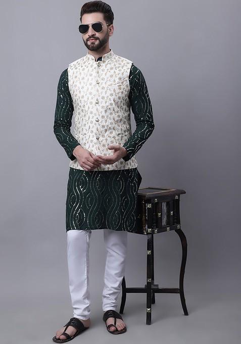 Green Embroidered Cotton Kurta Set For Men