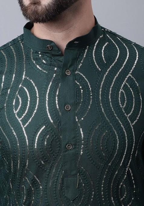 Green Embroidered Cotton Kurta Set For Men