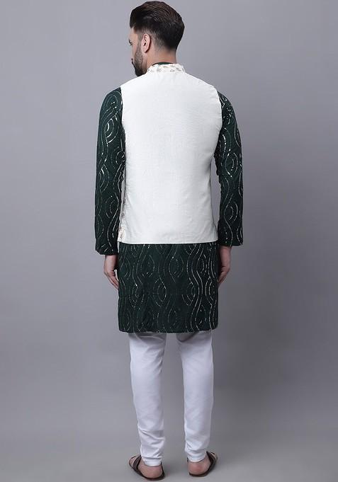 Green Embroidered Cotton Kurta Set For Men