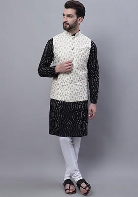 Black Embroidered Cotton Kurta Set For Men