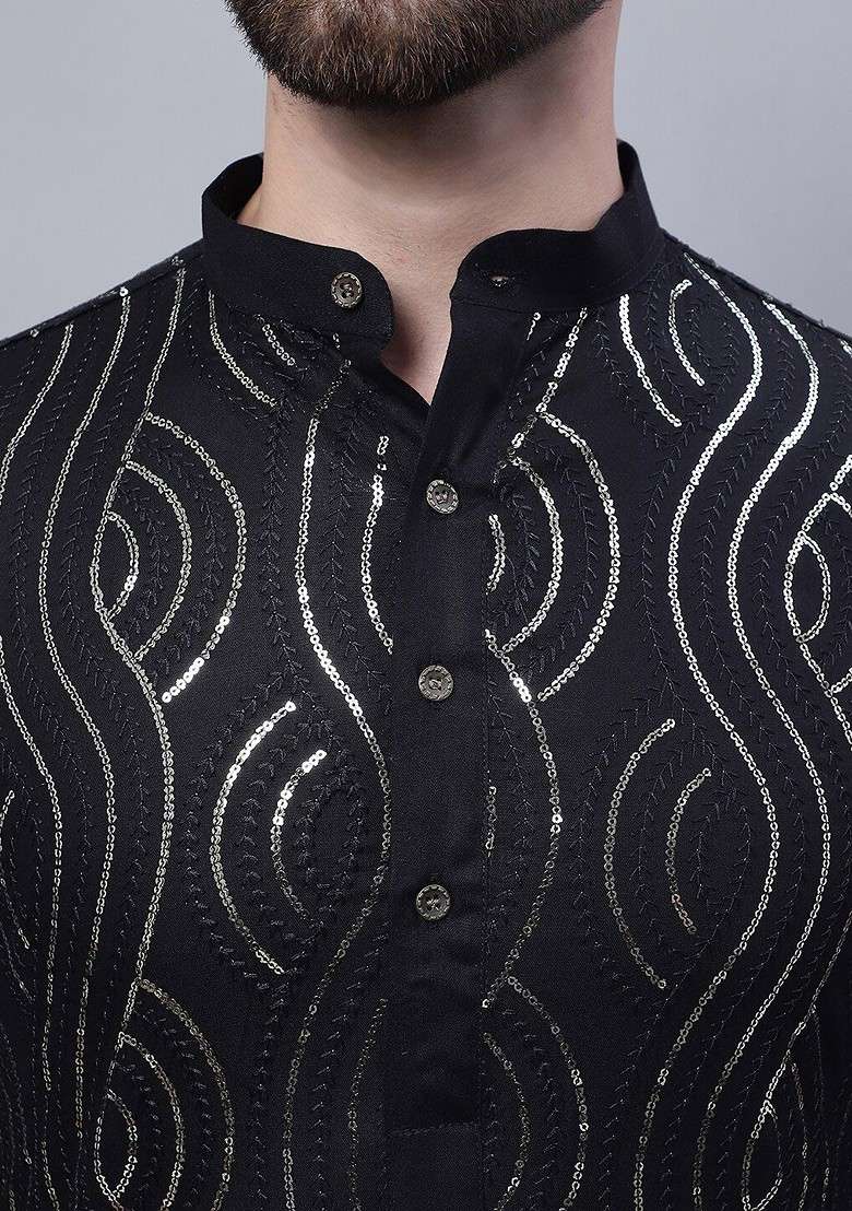 Black Embroidered Cotton Kurta Set For Men - Indya