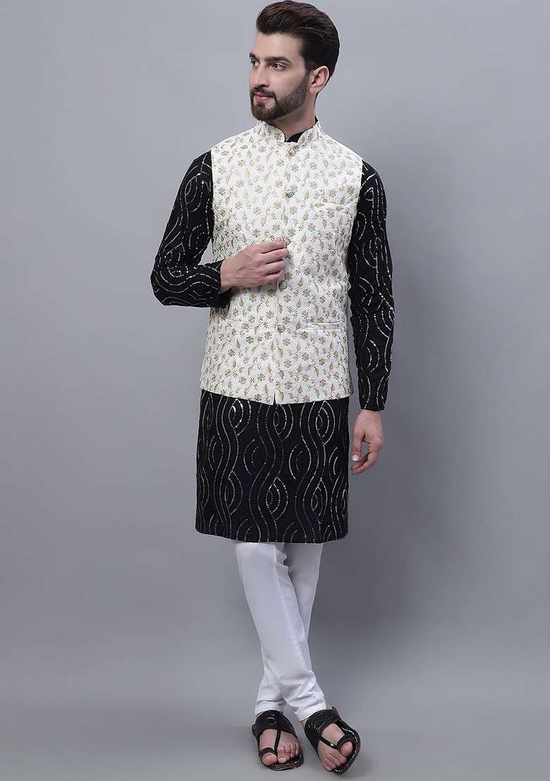 Black Embroidered Cotton Kurta Set For Men - Indya