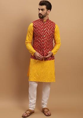 Mustard Embroidered Cotton Kurta Set For Men