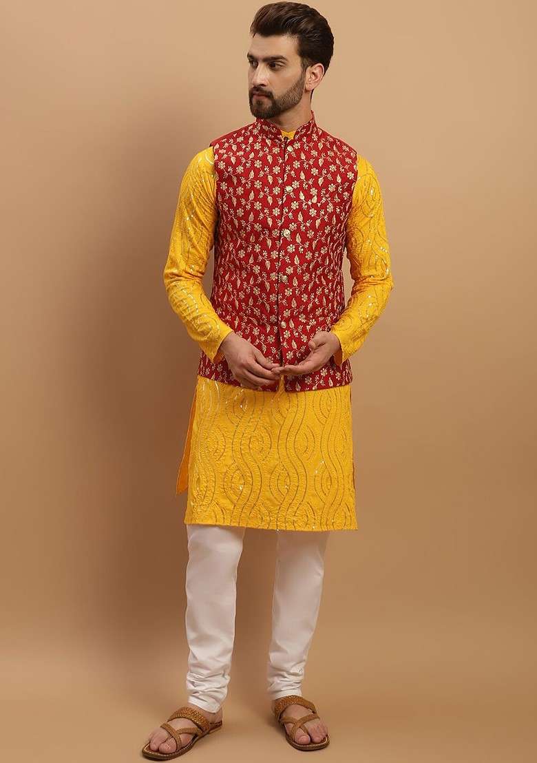 Mustard Embroidered Cotton Kurta Set For Men - Indya