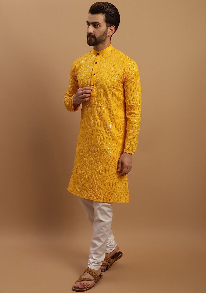Mustard Embroidered Cotton Kurta Set For Men