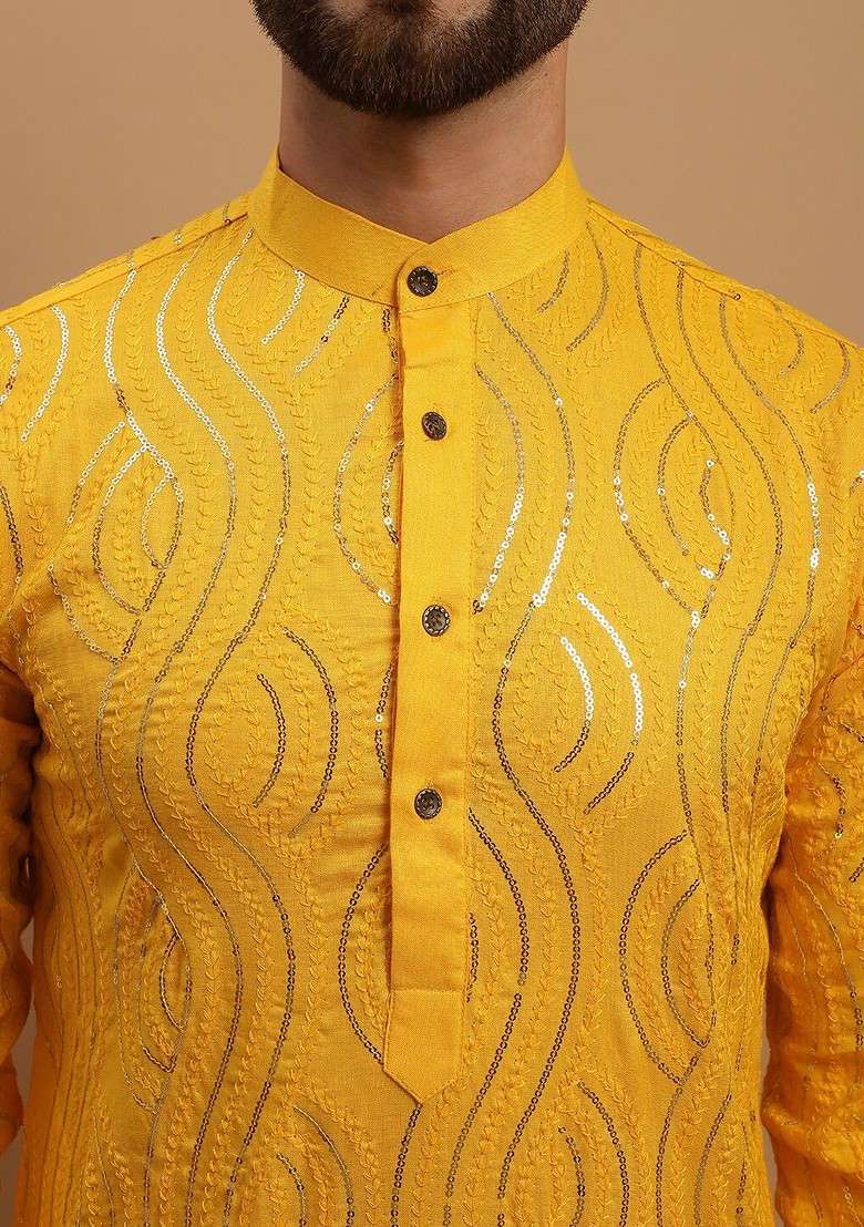 Mustard Embroidered Cotton Kurta Set For Men - Indya