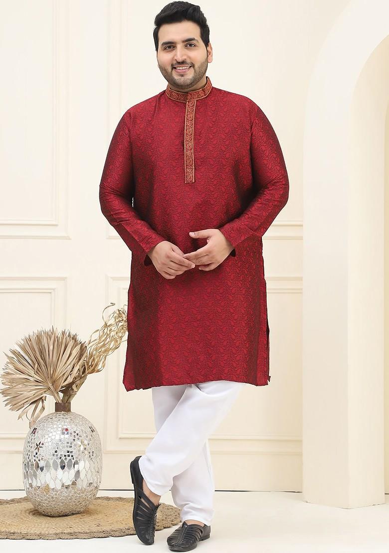Maroon Woven Poly Blend Kurta Set For Men