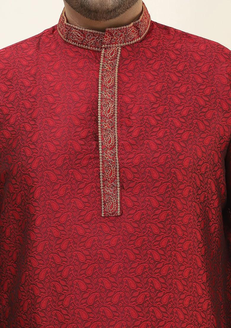 Maroon Woven Poly Blend Kurta Set For Men