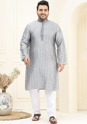 Grey Thread Work Poly Blend Kurta Set For Men