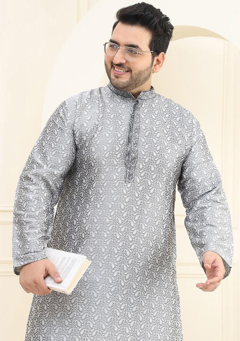 Grey Thread Work Poly Blend Kurta Set For Men