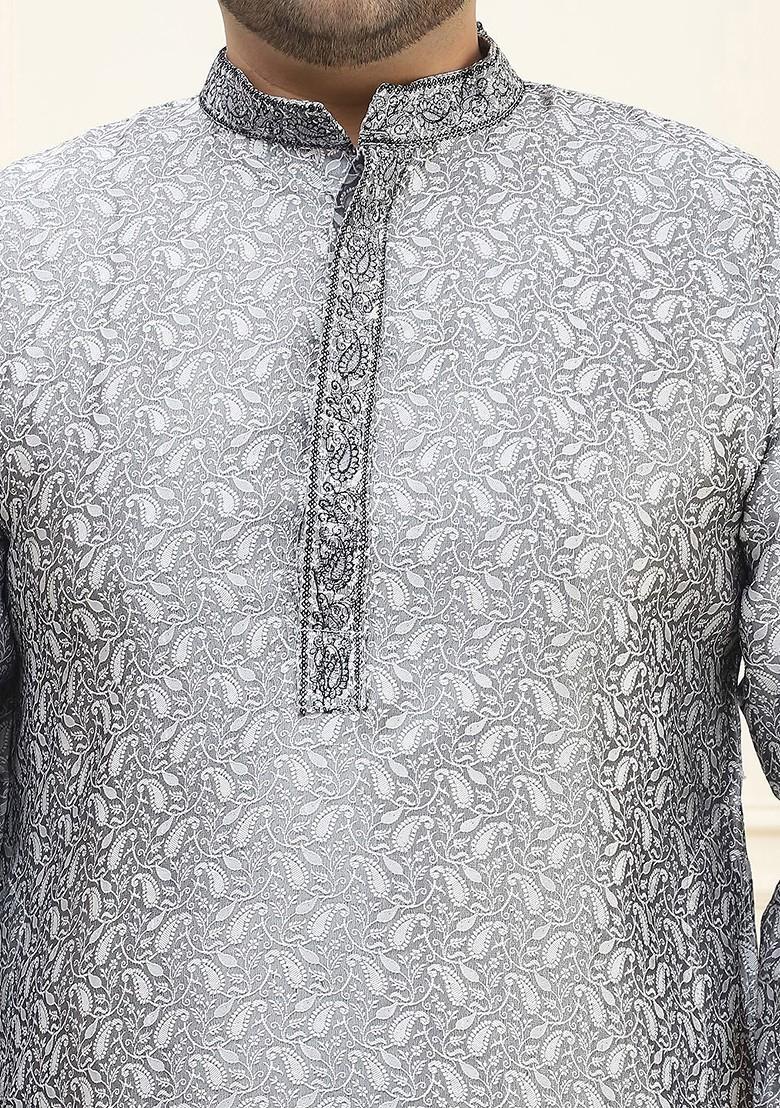 Grey Thread Work Poly Blend Kurta Set For Men