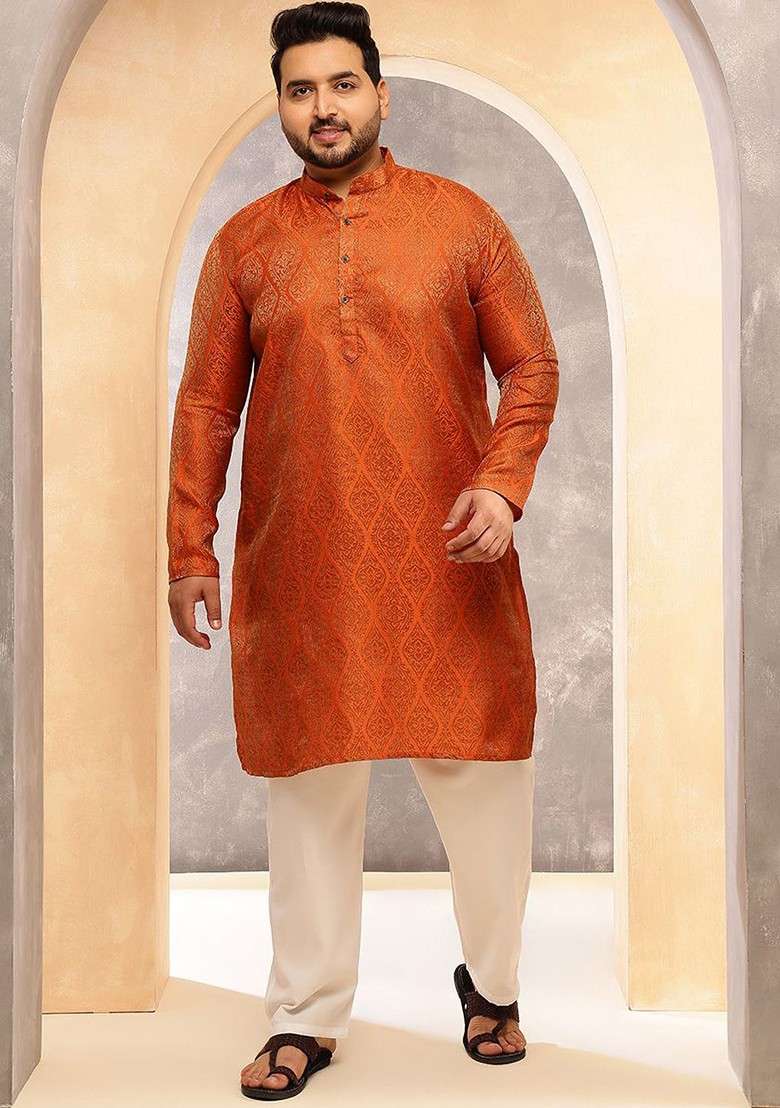 Orange Ethnic Motifs Silk Blend Kurta Set For Men - Indya