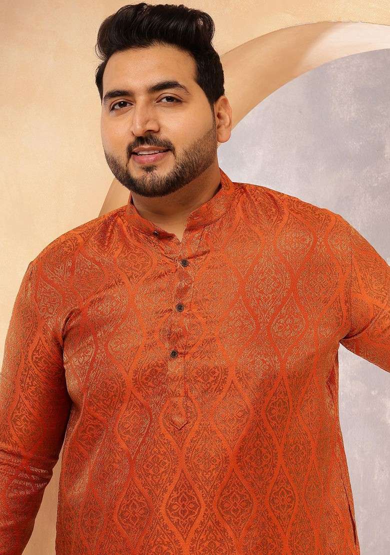 Orange Ethnic Motifs Silk Blend Kurta Set For Men - Indya