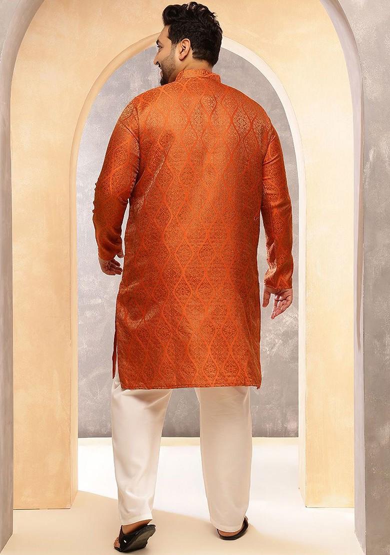 Orange Ethnic Motifs Silk Kurta Set For Men