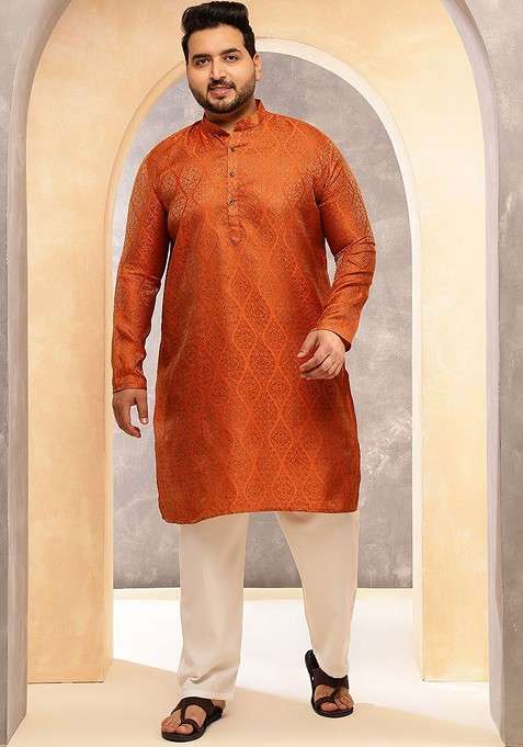 Orange Ethnic Motifs Silk Blend Kurta Set For Men