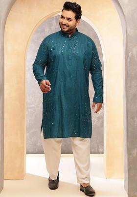 Teal Blue Embroidered Cotton Kurta Set For Men