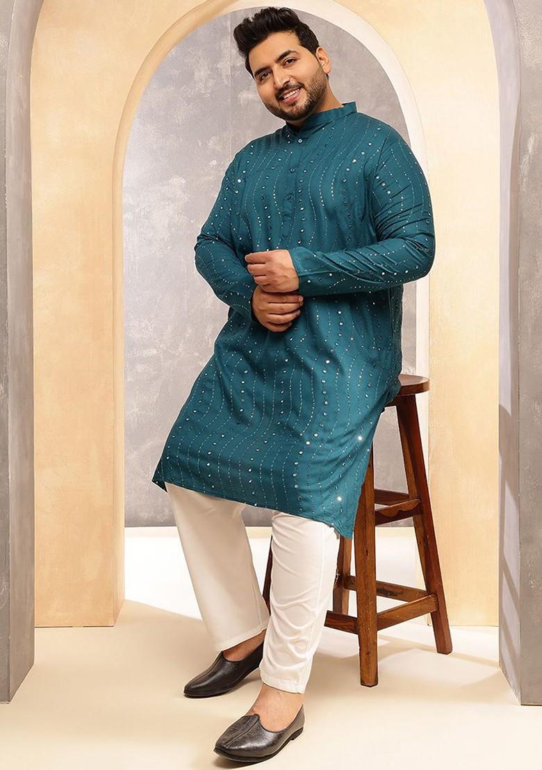 Teal Blue Embroidered Cotton Kurta Set For Men