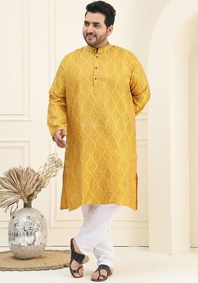 Mustard Woven Poly Blend Kurta Set For Men
