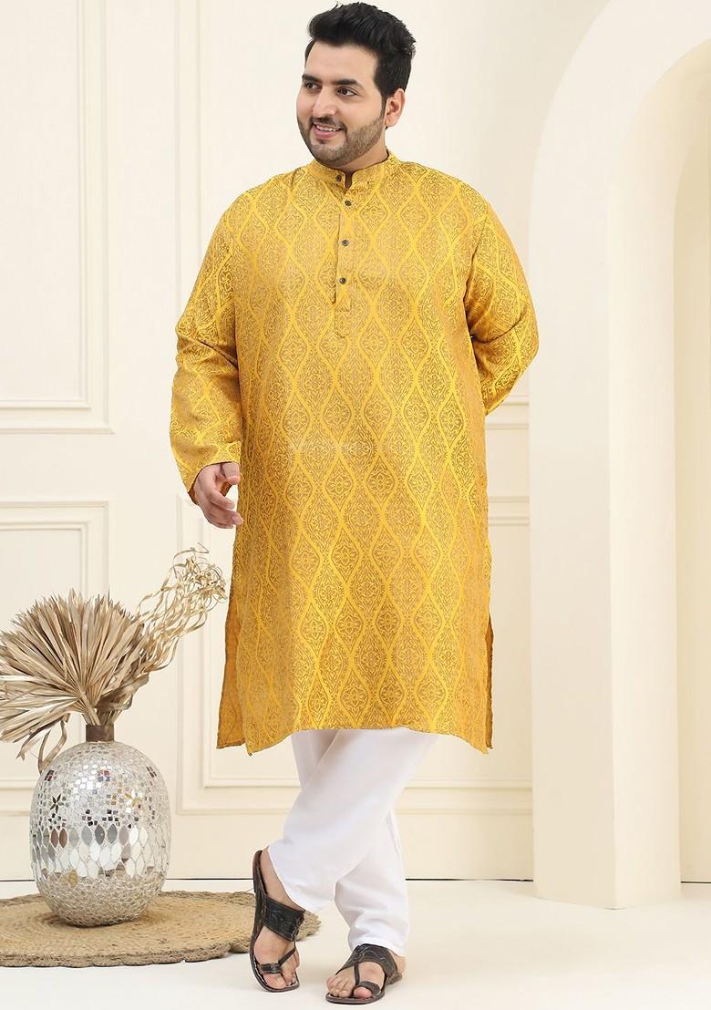 Mustard Woven Poly Blend Kurta Set For Men