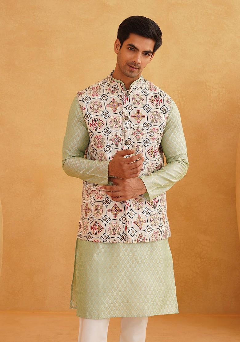 Green Ethnic Motifs Poly Blend Kurta Set For Men