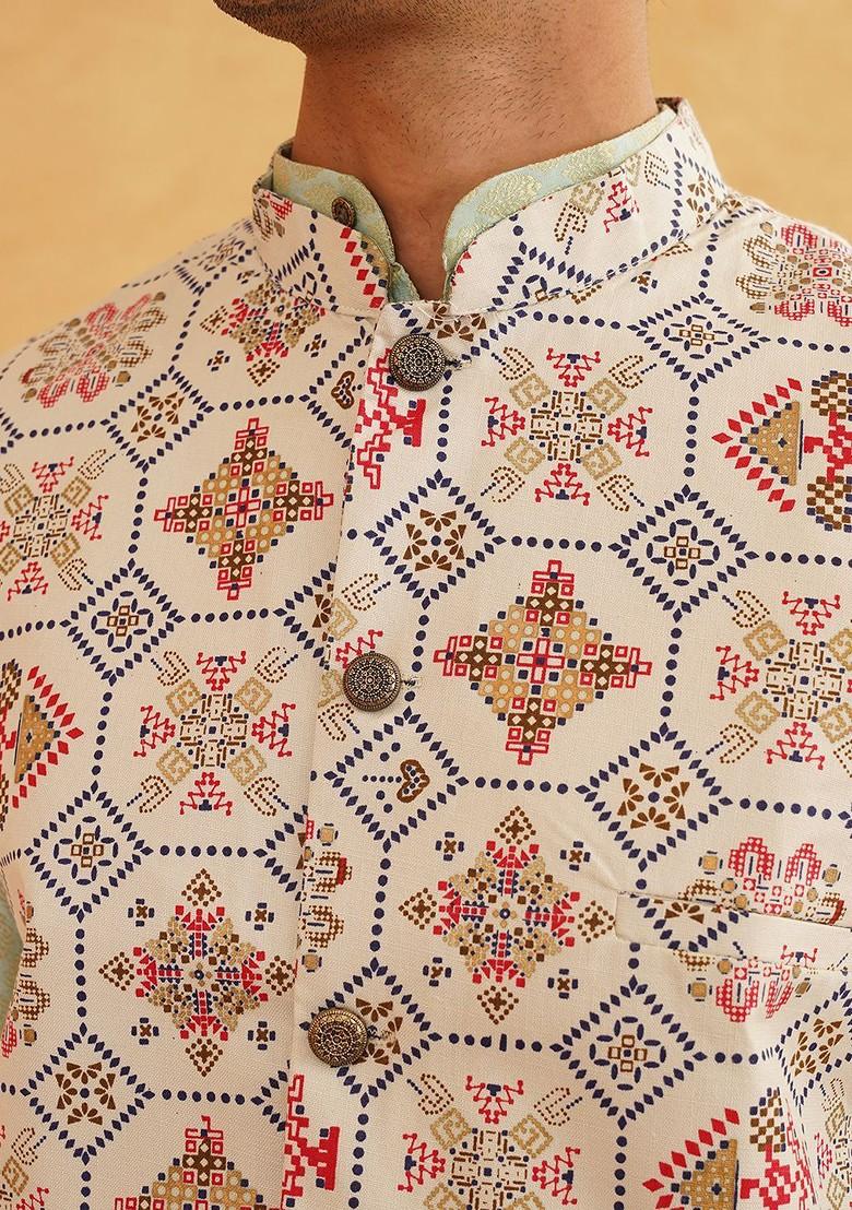 Green Ethnic Motifs Poly Blend Kurta Set For Men