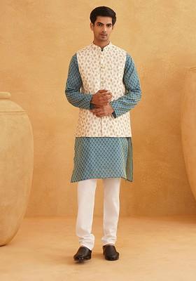 Turquoise Blue Ethnic Motifs Poly Blend Kurta Set For Men
