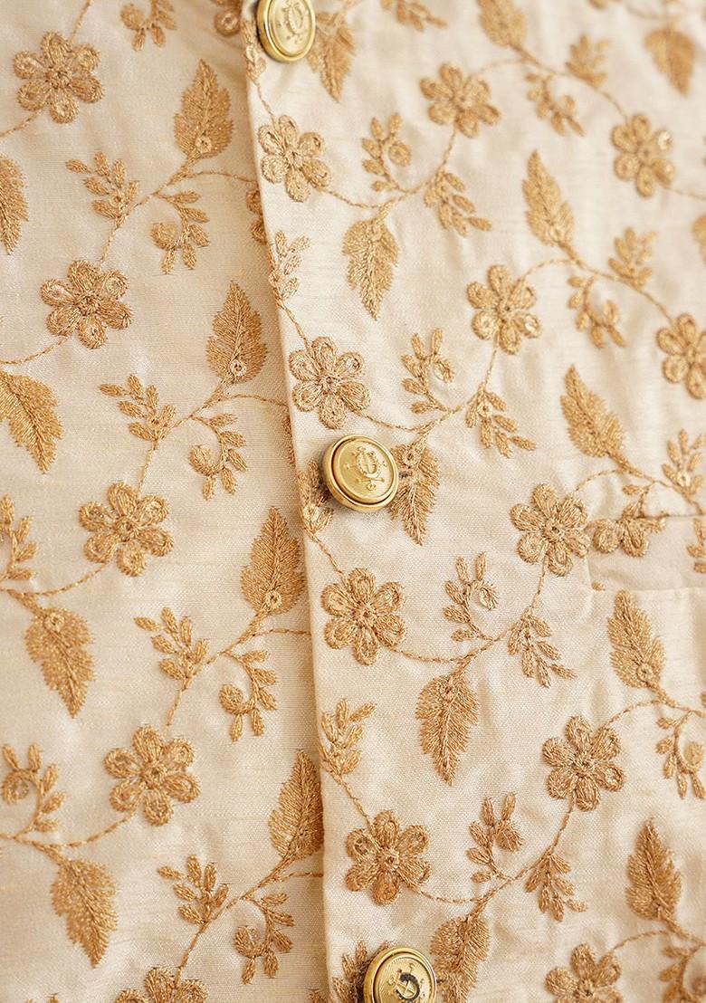 Turquoise Blue Ethnic Motifs Poly Blend Kurta Set For Men