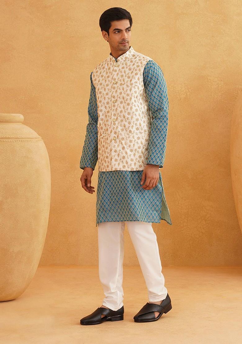 Turquoise Blue Ethnic Motifs Poly Blend Kurta Set For Men
